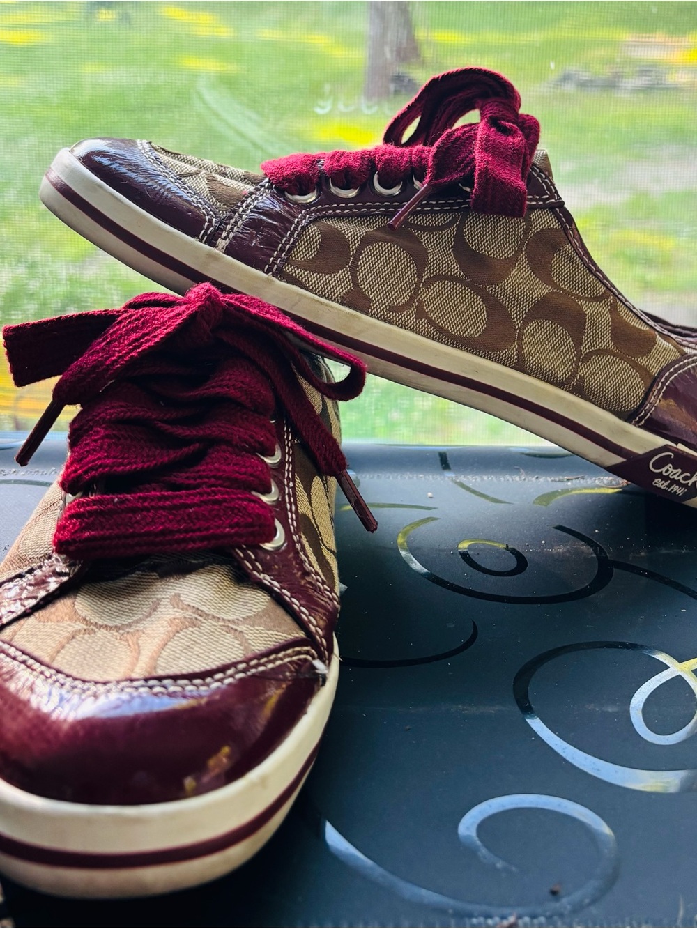 Coach Women’s Tan Signature Sneakers with Burgundy Trim